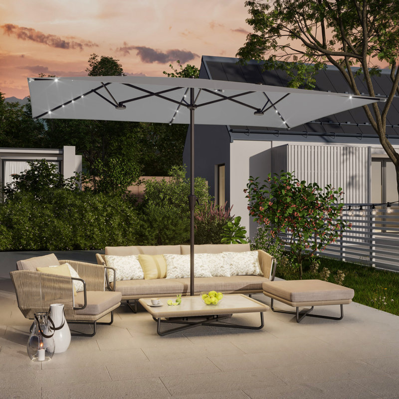 Parasol à double face 10 po x 6,5 pi à énergie solaire avec grand auvent, Gris