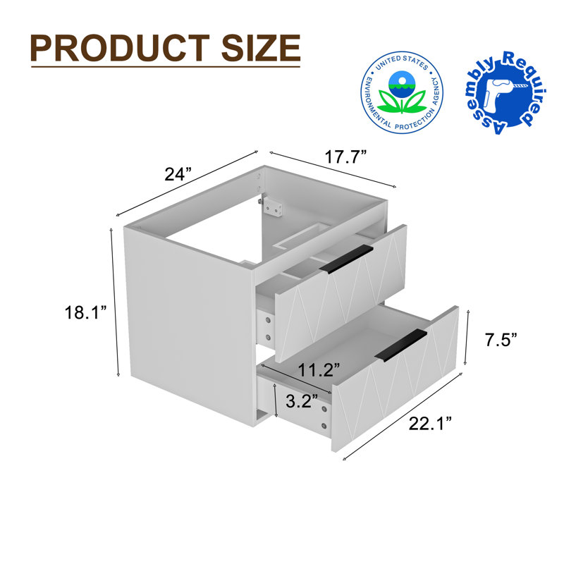 24" Wall Mounted Single Bathroom Vanity Base Only, Floating Cabinet with Soft-Close Drawers, Sink Top not Included, White