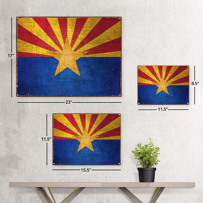 Drapeau de l'Arizona sur impression métallique, H 11,5 po x l 15,5 po x P 0,04 po