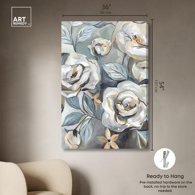 «Grey Delight», art floral élégant par Art Remedy, H 24 po x l 16 po, Toile tendue, Peinture sans cadre