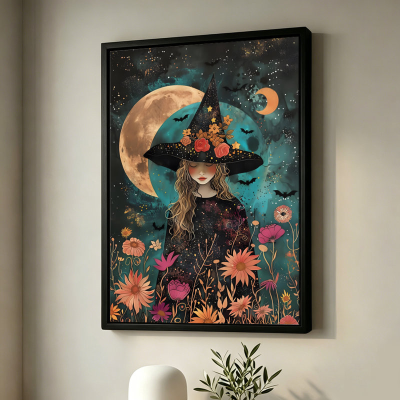Sorcière d'Halloween avec chapeau fleuri et chauves-souris la nuit, tableau sur toile encadré, cadre noir, 50 x 75 cm, 20x30