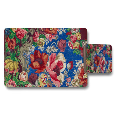 Floral Placemats and Coaster Set With Vintage Bouquet Pattern