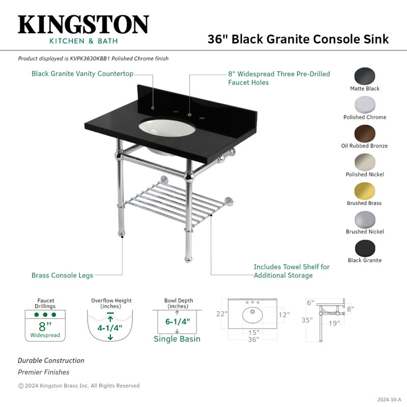 Kingston Brass Templeton 36-Inch Black Granite Console Sink with Brass Legs and Shelf (8-Inch, 3-Hole)