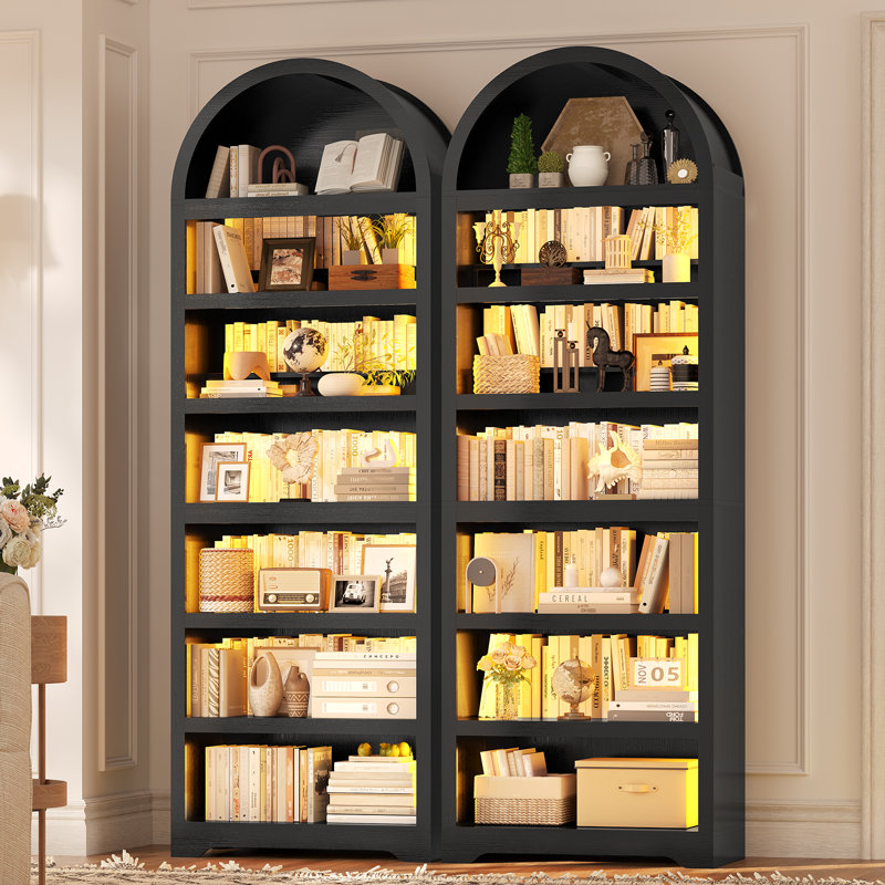 79.4" Tall Arched Cabinet, Modern 7-tier Bookcase With Led Light And Adjustable Shelf For Living Room, Kitchen, Home Office, Black