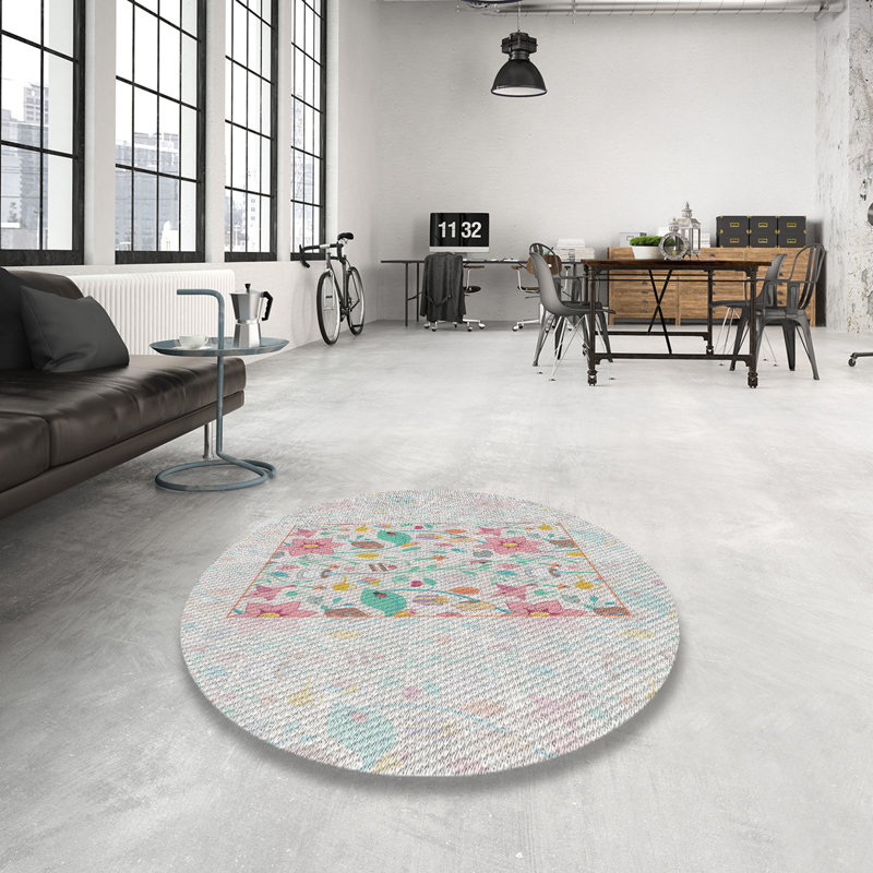 Tapis beige/vert/rose tissé à la machine, Rond 6 pi