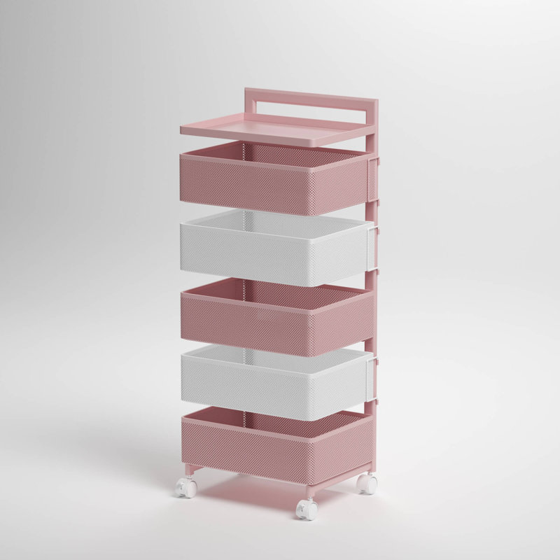 Pink and White 5-Tier Rotating Metal Utility Cart with Wheels