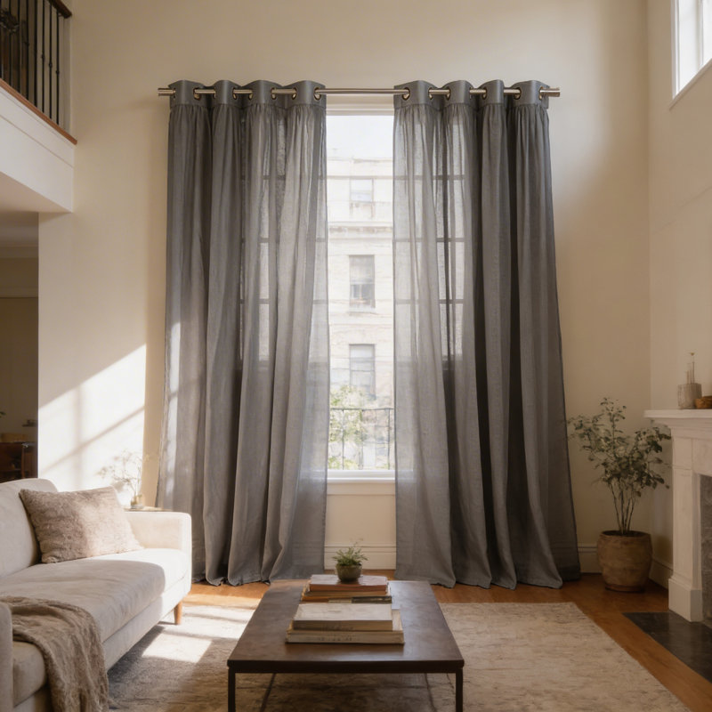 Rideaux semi-transparents avec œillets , L 52 po x L 84 po, Gris foncé
