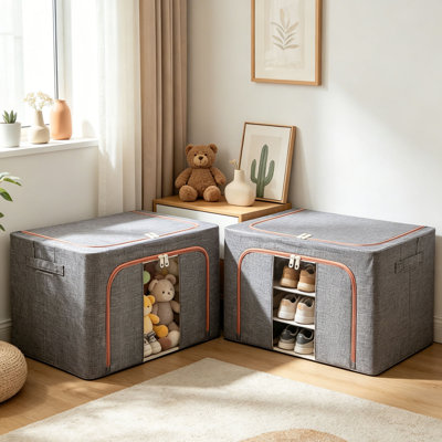 Bacs de rangement avec structure en métal, ensemble de 2 sacs de rangement pour vêtements empilables et pliables, contenants de rangement robustes en tissu Oxford avec grande fenêtre transparente, poignées à fermeture à glissière pour le placard de la chambre à coucher, la literie, le lin