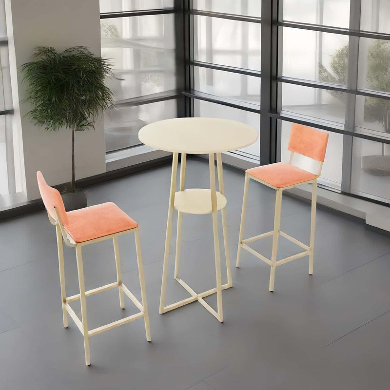 Bar table and chairs three piece set, gold frame, sponge made seat cushions and backrests, bar table with storage function (gold+cushion)