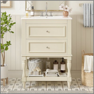 24 Inch Retro Design Bathroom Vanity with Ceramic Sink and Open Shelf, Ideal for Elegant and Functional Storage