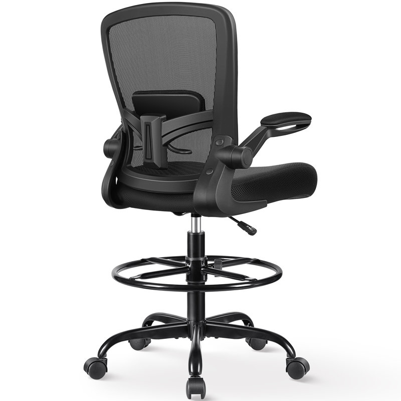 Mesh Drafting Chair with Adjustable Footrest and Lumbar Support, Black, Black