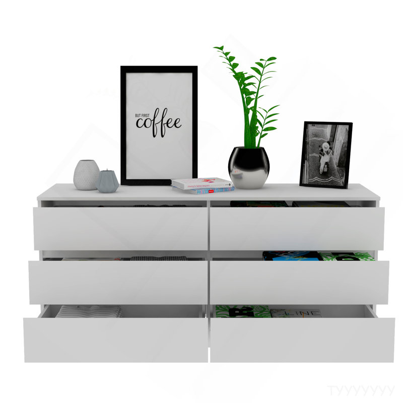 Commode double 6 tiroirs, plateau supérieur, blanc, Blanc
