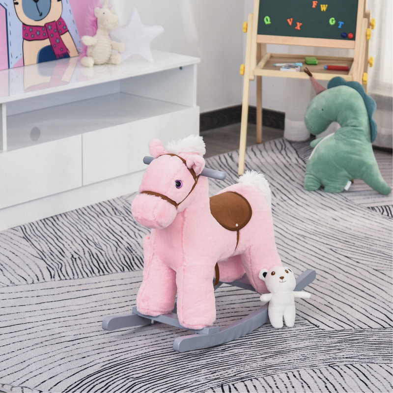 Cheval à bascule en peluche avec ours, Qabo Kids, Rose