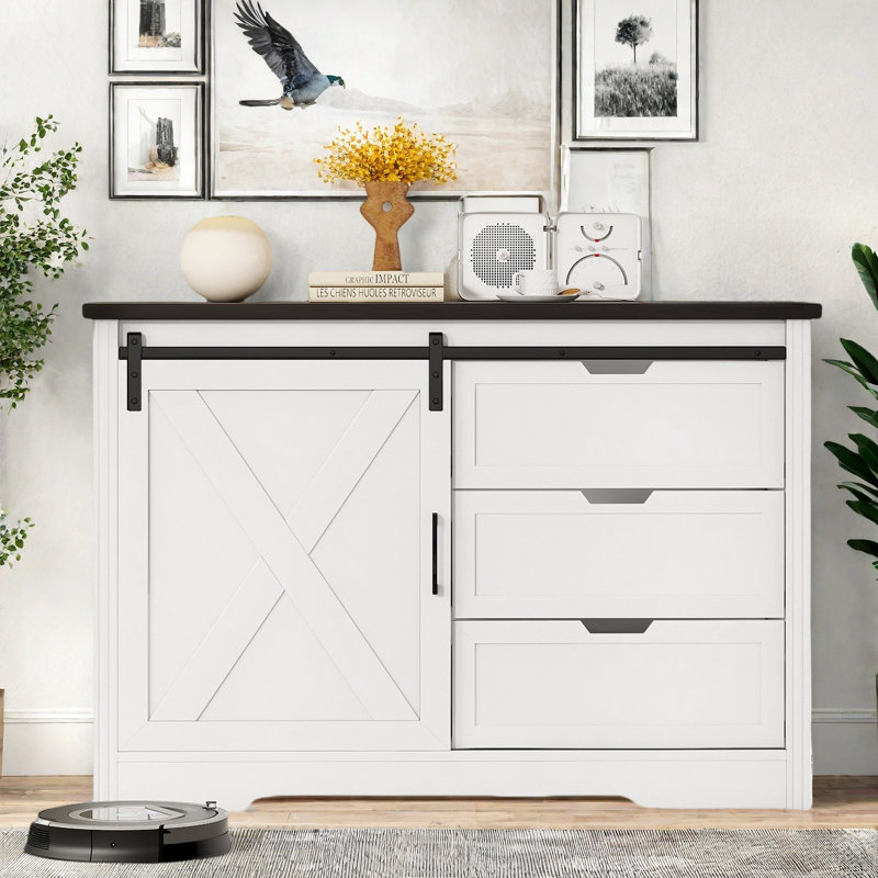 Farmhouse Sideboard With A Silent Sliding Door And Three Drawers, White/Black