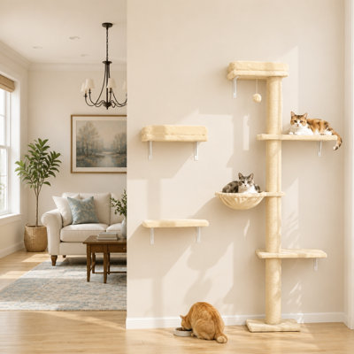 Ensemble de tablettes murales 3 en 1 avec poteau à griffer pour chatons d'intérieur