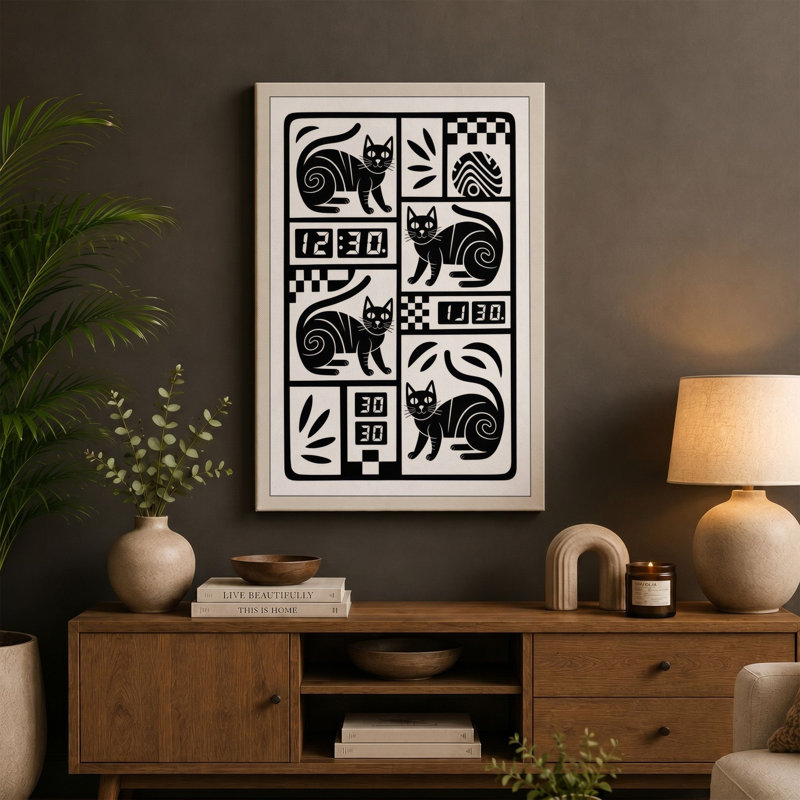 Cats and Snails at Noon Geometric - Wrapped Canvas, 30x20 - 76.2 x 50.8 cm, Cream Border