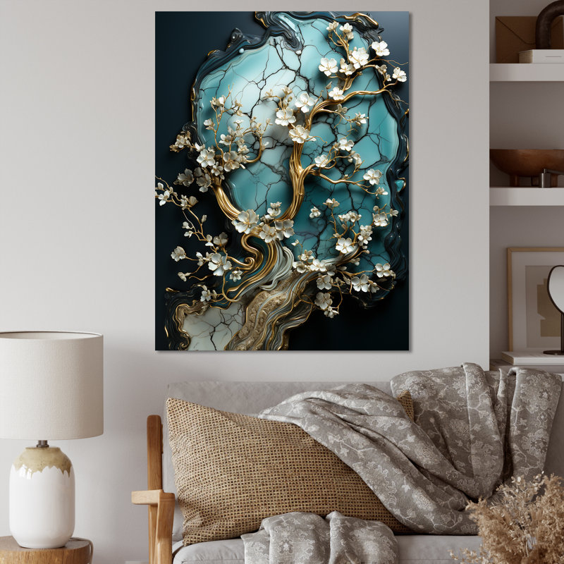 Or et émeraude antique Bonsai II - art abstrait en marbre, Cadre flottant blanc, H 20 po x l 12 po