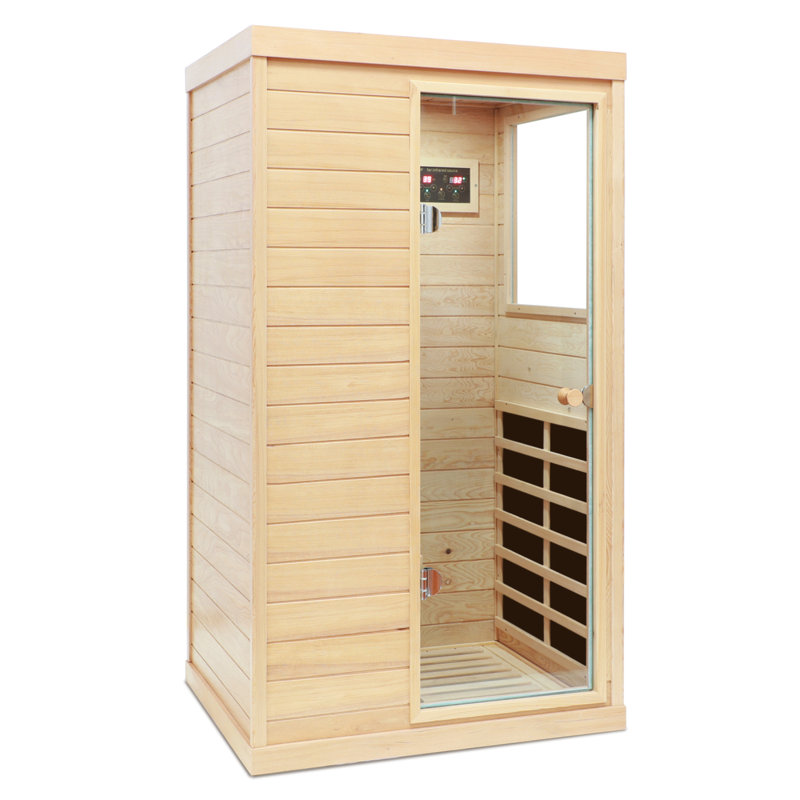Hemlock Mini One Person Far Infrared Door On The Right Of The Indoor Sauna Room, Natural, Left