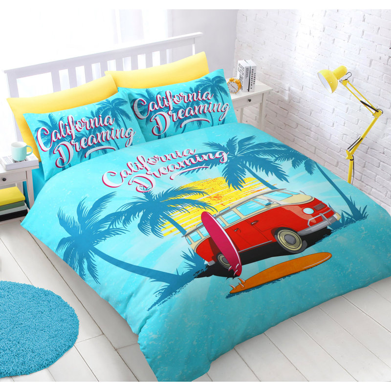 Rasheema Duvet Set, Single - 1 Standard Pillowcase, Turquoise, Fun California Dreaming Campervan