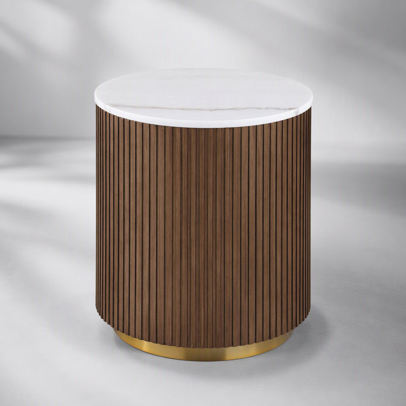 Honey Brown and White Marble Top Round End Table with Reeded Drum Base