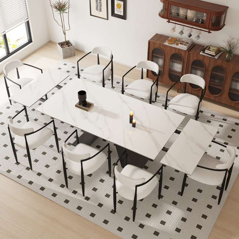Ensemble de table de salle à manger 9 pièces Recline avec table de salle à manger extensible en pierre frittée de 110,23 po et 8 chaises en tissu