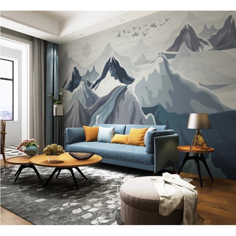 Snowy Mountains Birds Minimalistic Scandinavian Watercolor Removable Wallpaper, 9" L x 15" W