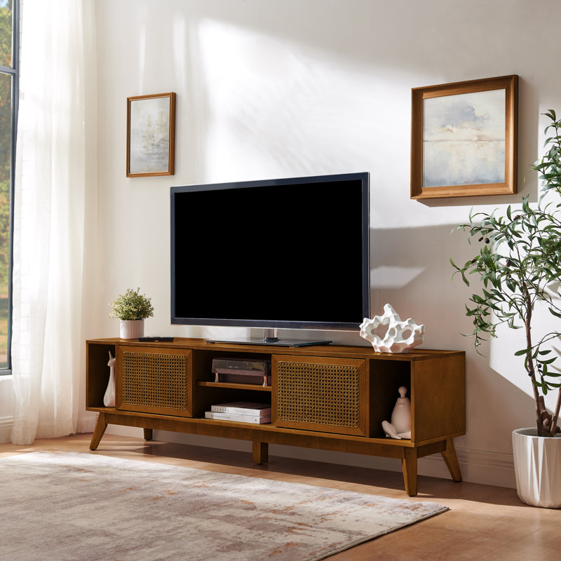 67.9 Inch Mid Century Modern Rattan Tv Stand, Light Walnut