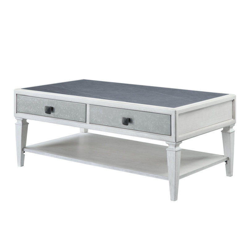 Table basse Iannah avec rangement, en gris rustique et blanc vieilli
