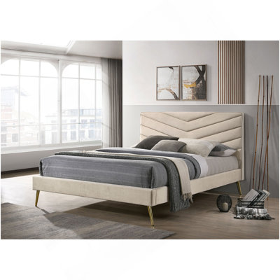 Mobilier de chambre à coucher de style Mid-Century moderne en flanelle beige à motif de chevrons capitonnés 1 lit double