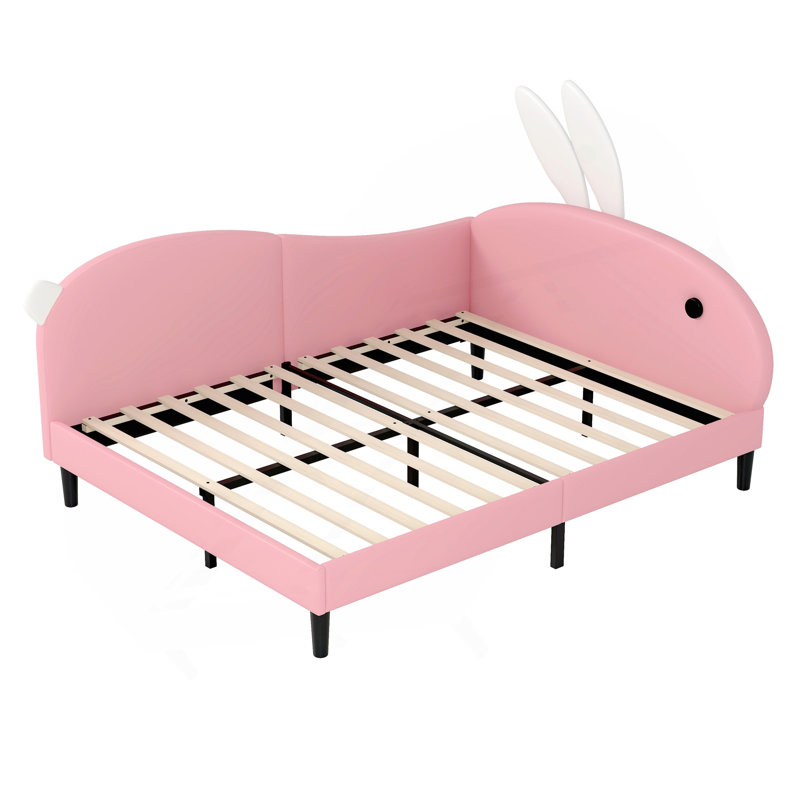 Lit de jour double rembourré en forme de lapin, tête de lit avec canapé-lit, rose