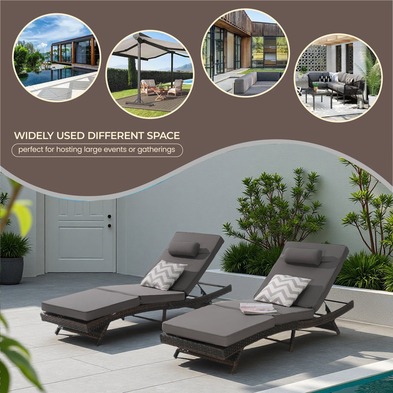 Outdoor Wicker Long Reclining Chair Set Of 2 , Wicker Reclining Lounge Chair Lawn Sunbathing Chairs Recliner Up To 150° Beach Poolside Garden