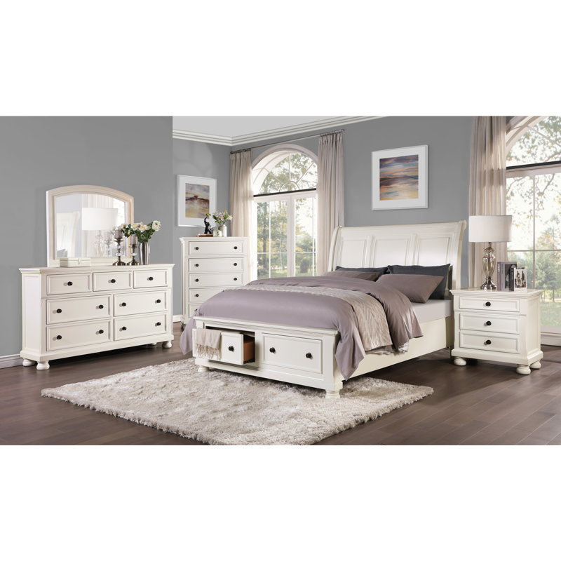 Ensemble de chambre à coucher Mihaiela, Blanc, Grand lit, Trois pièces : lit, commode et miroir