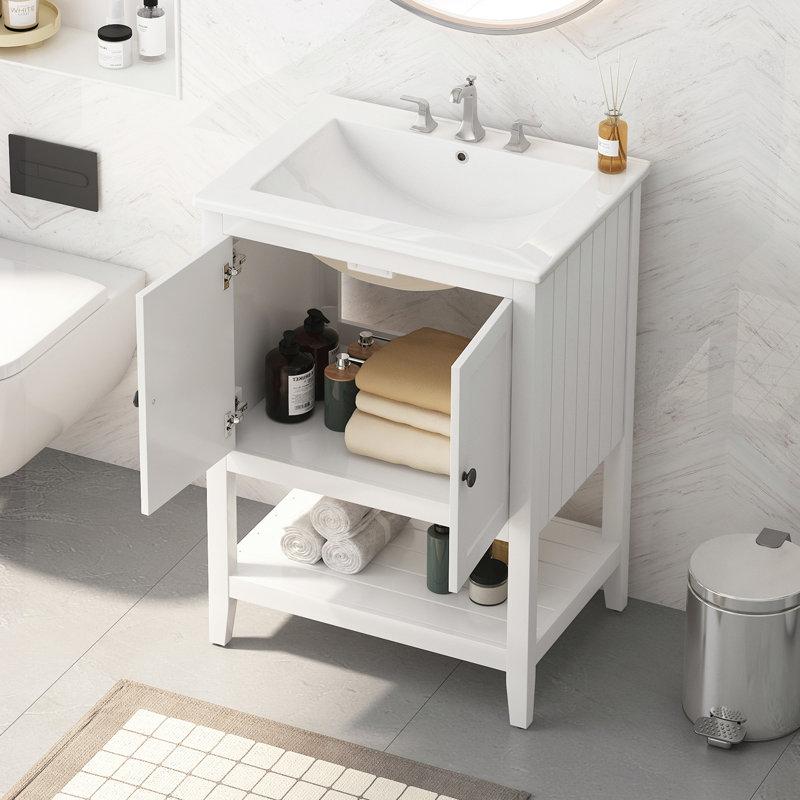 Lavabo en céramique avec tablette ouverte en bois massif