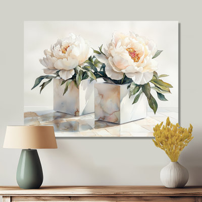 Minimal pivoines dans des cubes blancs II - reproduction d'art traditionnelle en métal, pivoines, art mural en métal