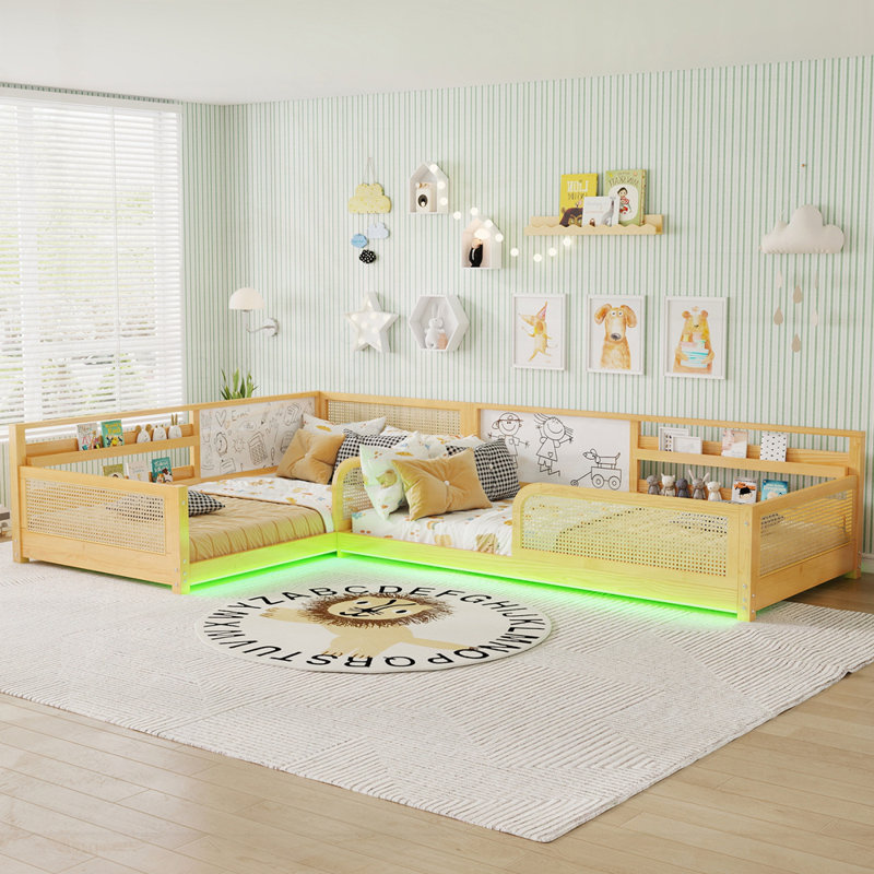 Structure de lit simple en L pour 2 enfants, lits convertibles détachables avec tableaux blancs, lit pour enfants en rotin avec étagères et lumières