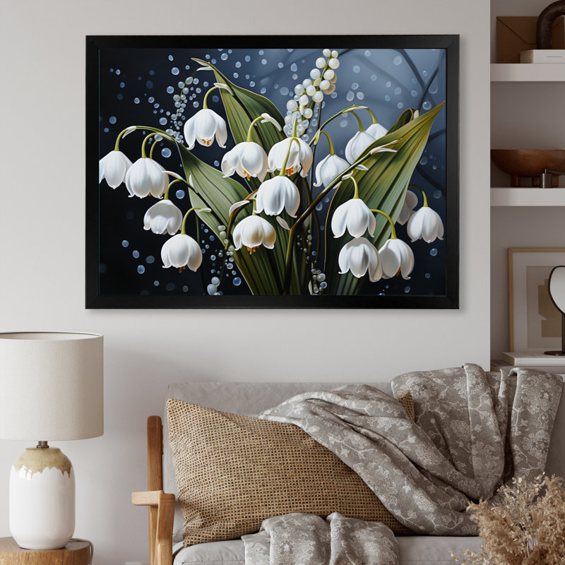 " White Graceful Snowdrops Flowers I ", 16" H x 32" W x 1" D, Black Picture Framed