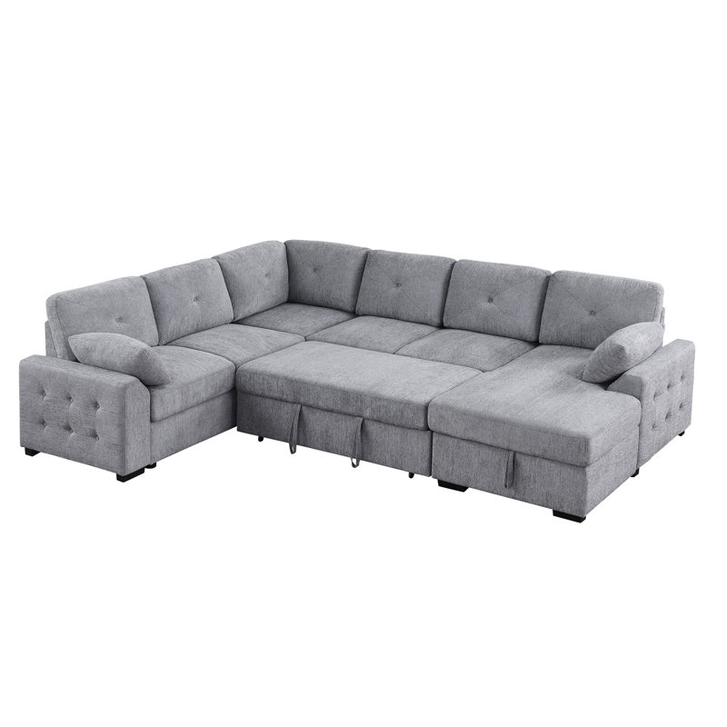 Gray L-Shaped Medium-Firm Cushion Back Upholstered Corner Sectional With Chenille Structure, Pull Out And Storage Chaise, Two Toss Pillows For A Stylish Touch, 33.23 In Depth, 118.28 Width, 33.69