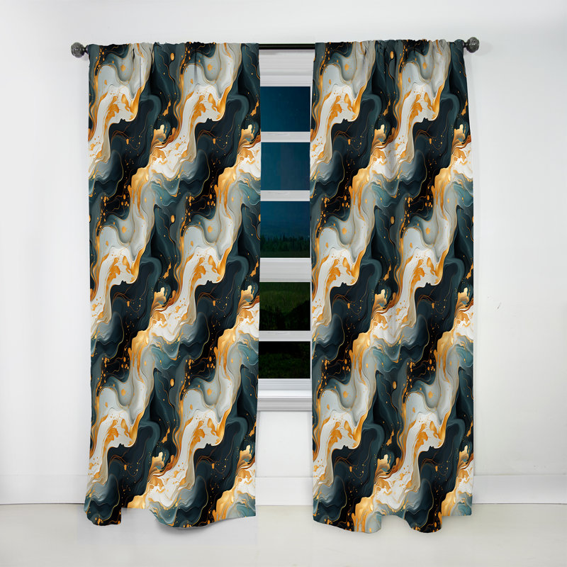 Gold Veins And Blue Marble Pattern I - Glam Velvet Curtain - Room Darkening - 1 Panel, 52" W x 120" L