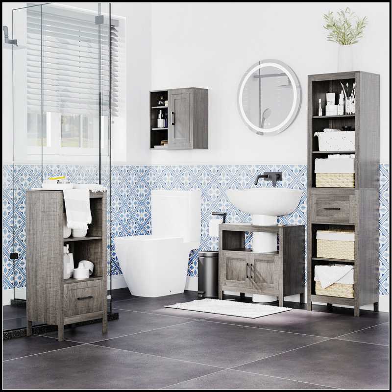 Armoire de rangement compacte à piédestal avec 2 portes et tablette ouverte, parfaite pour maximiser l'espace et l'organisation.