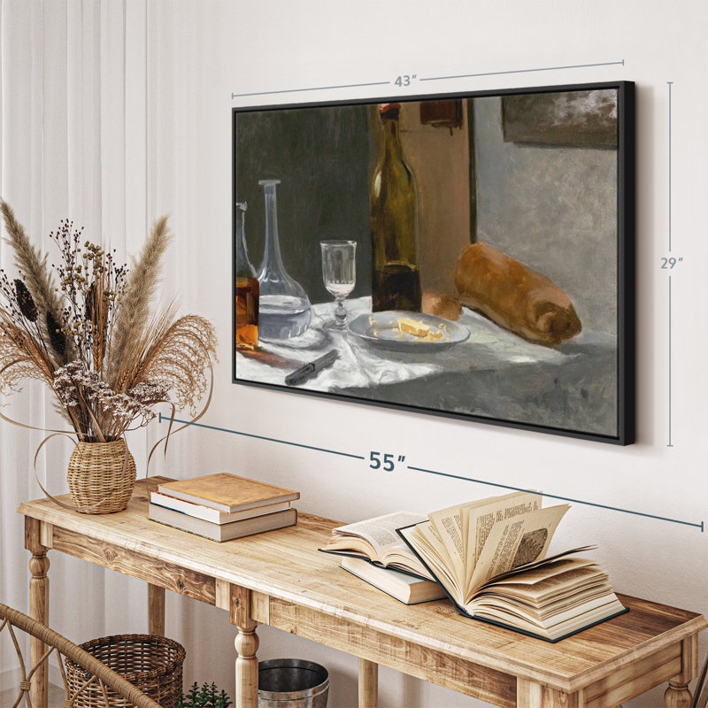"Nature morte avec bouteille de carafe à pain et vin 1862-1863", H 29 po x l 43 po