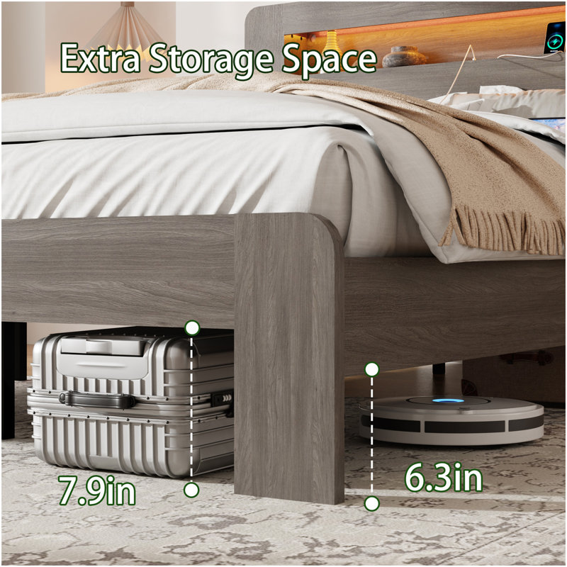 Cadre de lit grand lit, cadre de lit plateforme en bois avec tête de lit à DEL avec rangement et 2 ports USB, silencieux, aucun sommier nécessaire et outil d'assemblage facile, grand rangement sous le lit