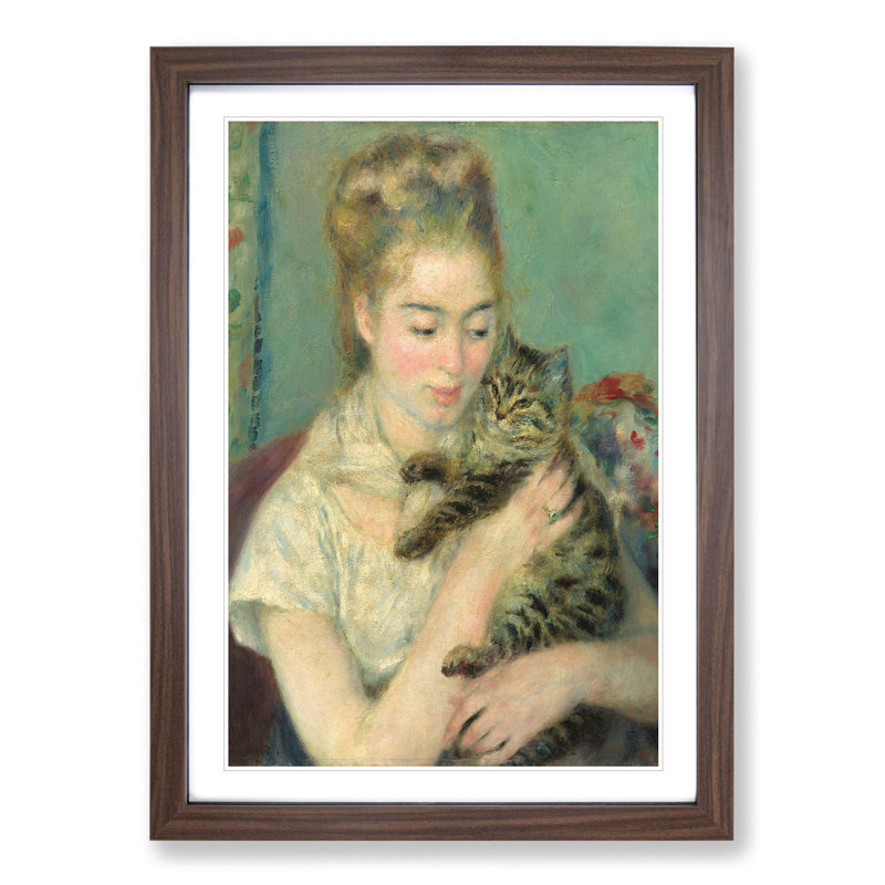Woman with a Cat by Pierre-Auguste Renoir - Picture Frame Painting, Walnut Framed, 65cm H x 48cm W x 2cm D
