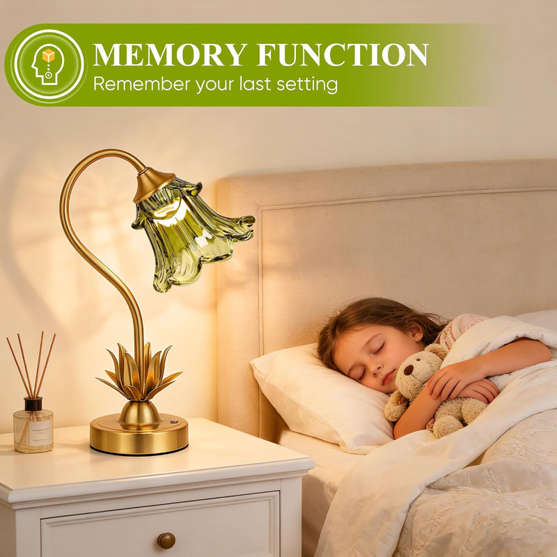 Lampe de table à fleurs 13,5 po avec abat-jour en verre vert pour table de chevet, patio, camping