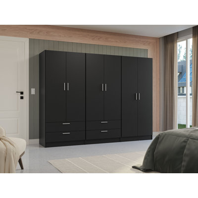 6 Doors 4 Drawers Wardrobe Set Armoire Closet Bedroom Storage Cabinet with Shelves and Hanging Space 94"L Wooden Clothing Organizer Unit by Hokku Designs
