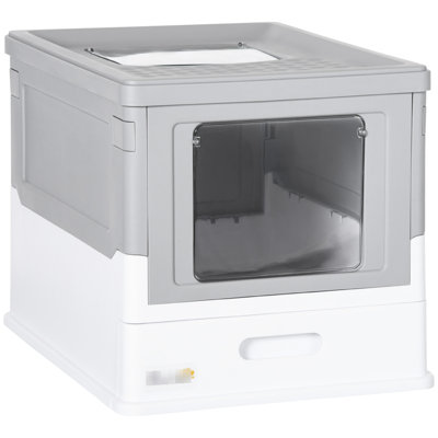 Enclosed Cat Toilet - Foldable, Gray, With Double Doors And Odor Control Litter House Conceals Odors, Large Interior, Gray Color