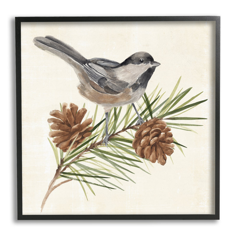 12" x 12" Black Framed Canvas Print of Bird on Pine Branch