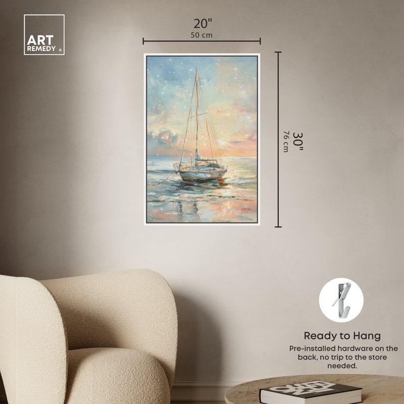 Sailing Boat at Sunset Canvas Wall Art with White Frame