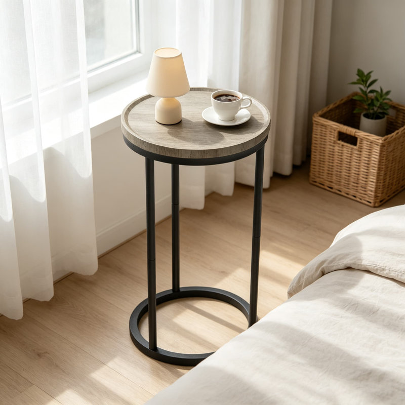 Petite table d'appoint ronde aux bords arrondis, pieds en acier, idéale pour le salon, la chambre à coucher ou le canapé. Table d'appoint compacte et peu encombrante.