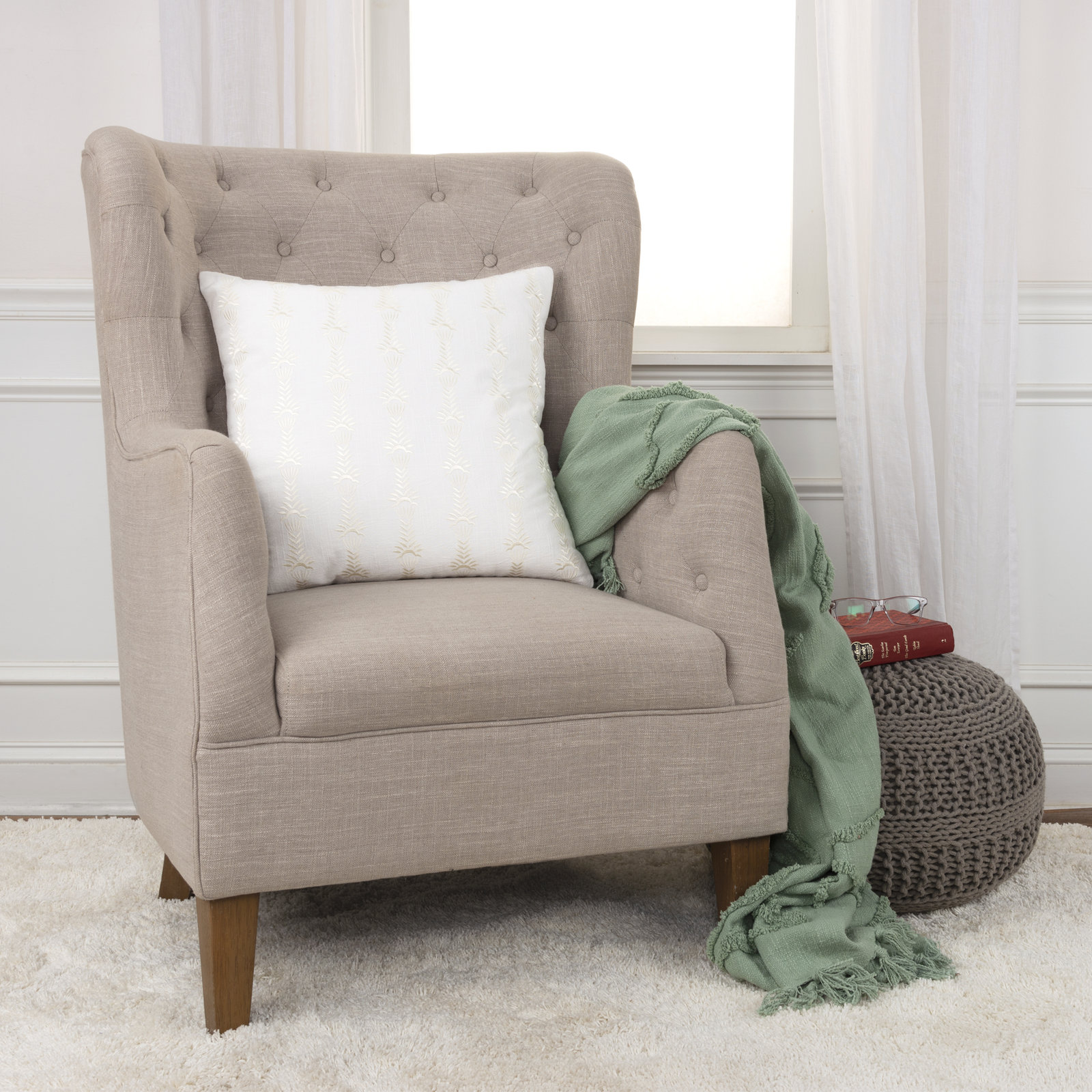 Tasha 20" x 20" Embroidered Throw Pillow, Almost White