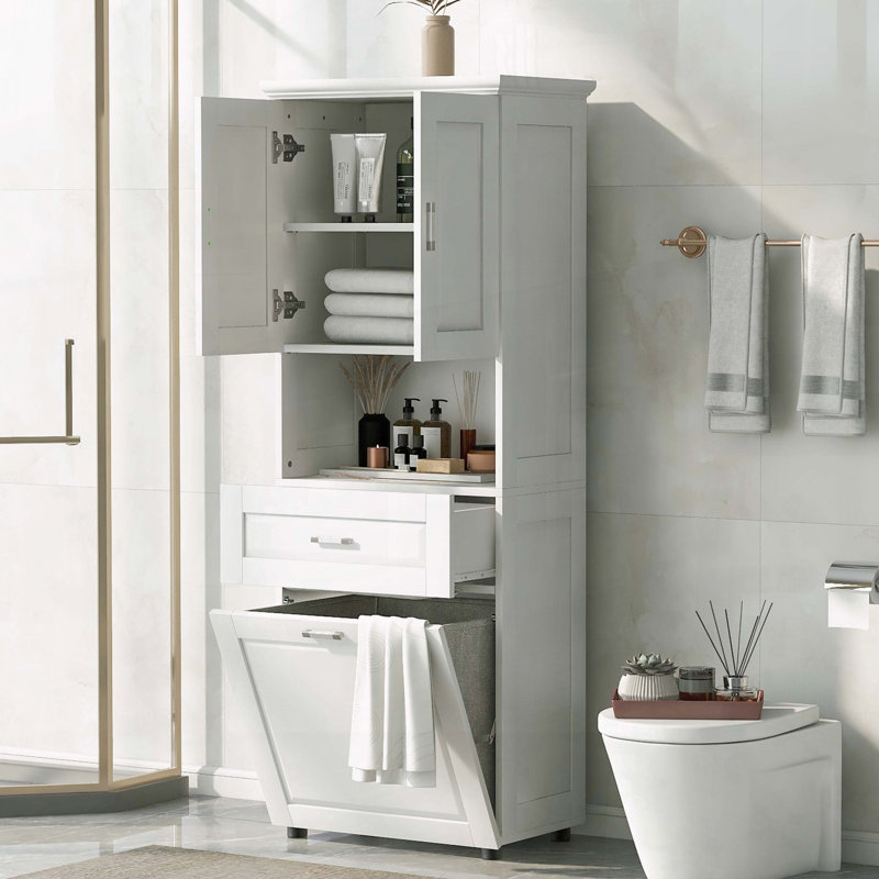 Armoire de salle de bain haute avec panier à linge inclinable